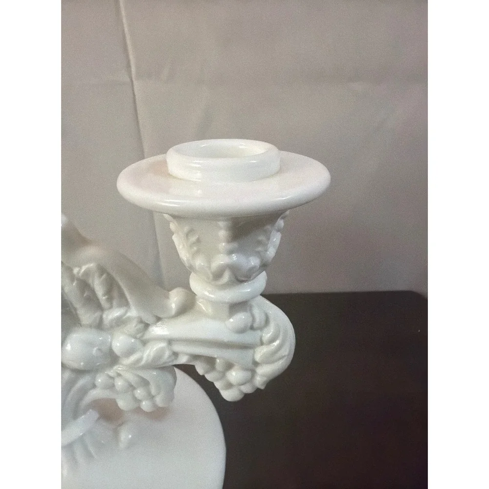 Indiana Milk Glass‎ Double Arm Candelabra Fruit Harvest Cornucopia White 5.5in